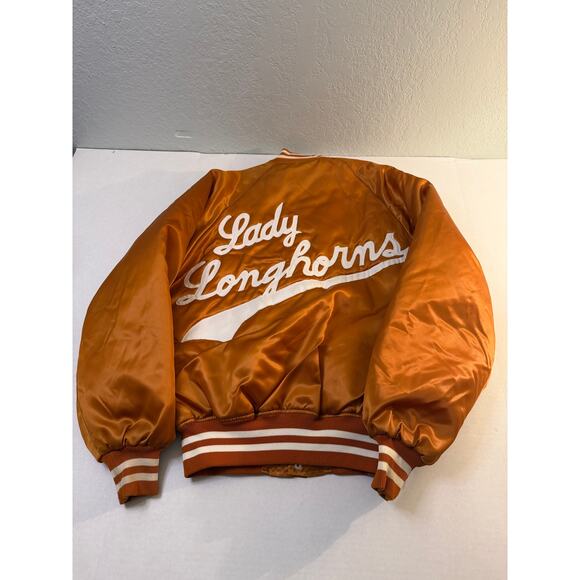 VTG Lady Longhorns Satin Bomber Jacket size Medium Burnt Orange Made in USA Howe - Picture 2 of 7